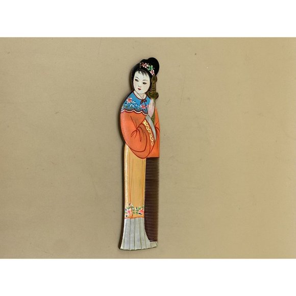 Vintage Gong Shu Ming Style Hand Painted Geisha Wooden Comb - Picture 5 of 6